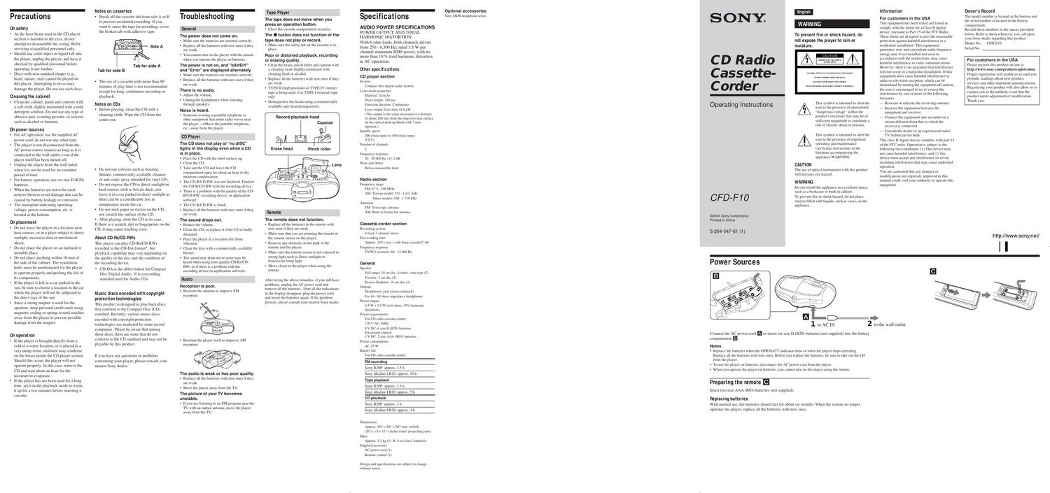 sony cfd f 10 owners manual