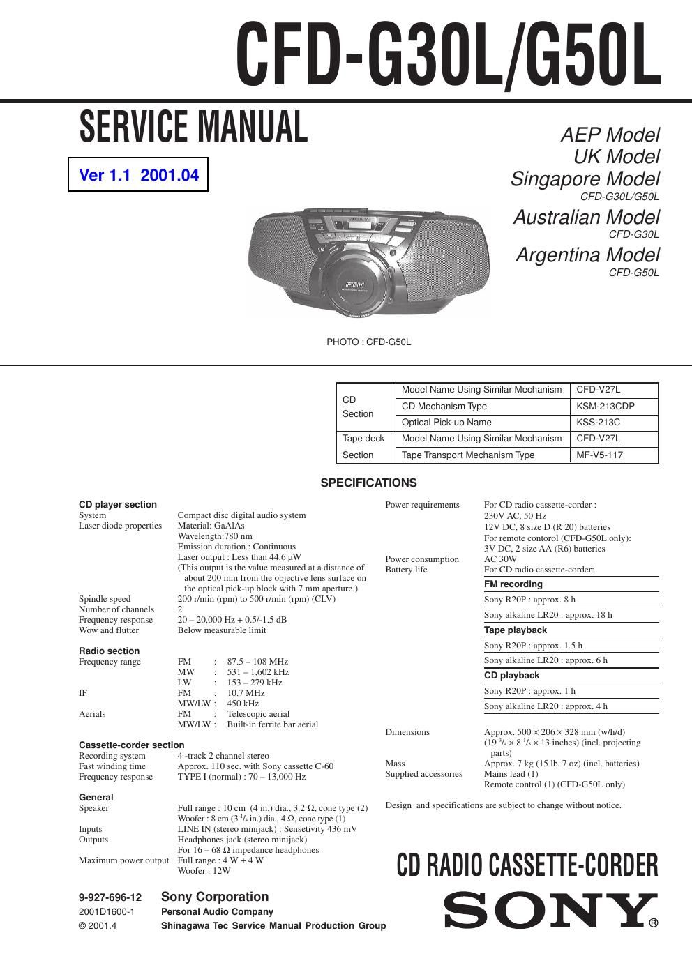 sony cfd g 30 l service manual