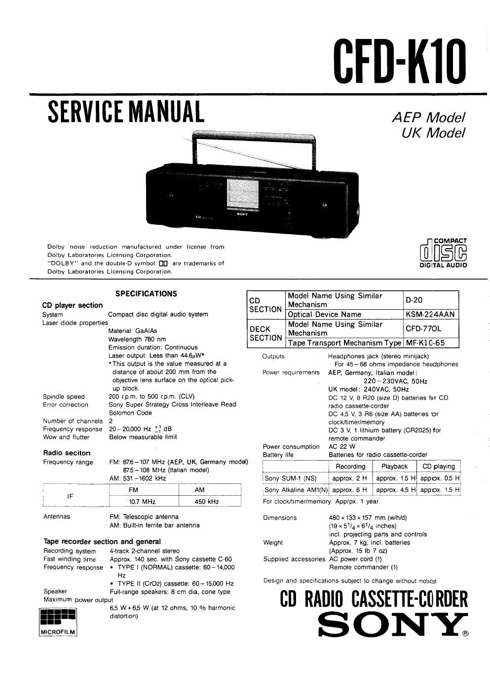 sony cfd k 10 service manual