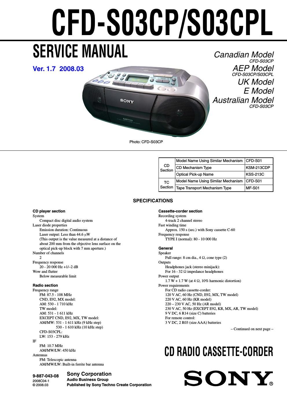 sony cfd s 03 cp service manual