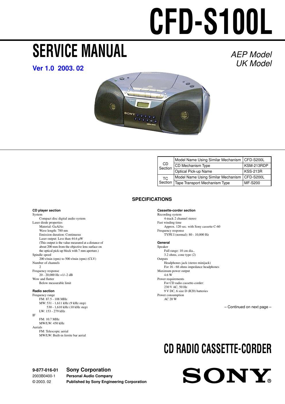 sony cfd s 100 l service manual