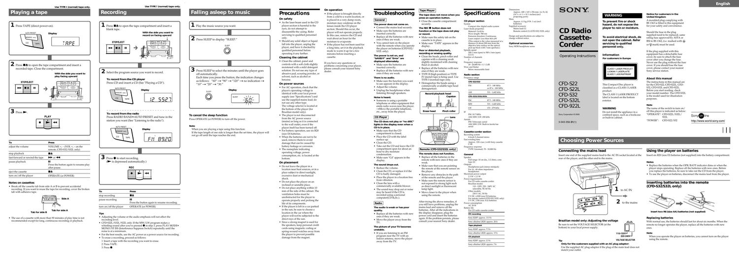 sony cfd s 22 owners manual