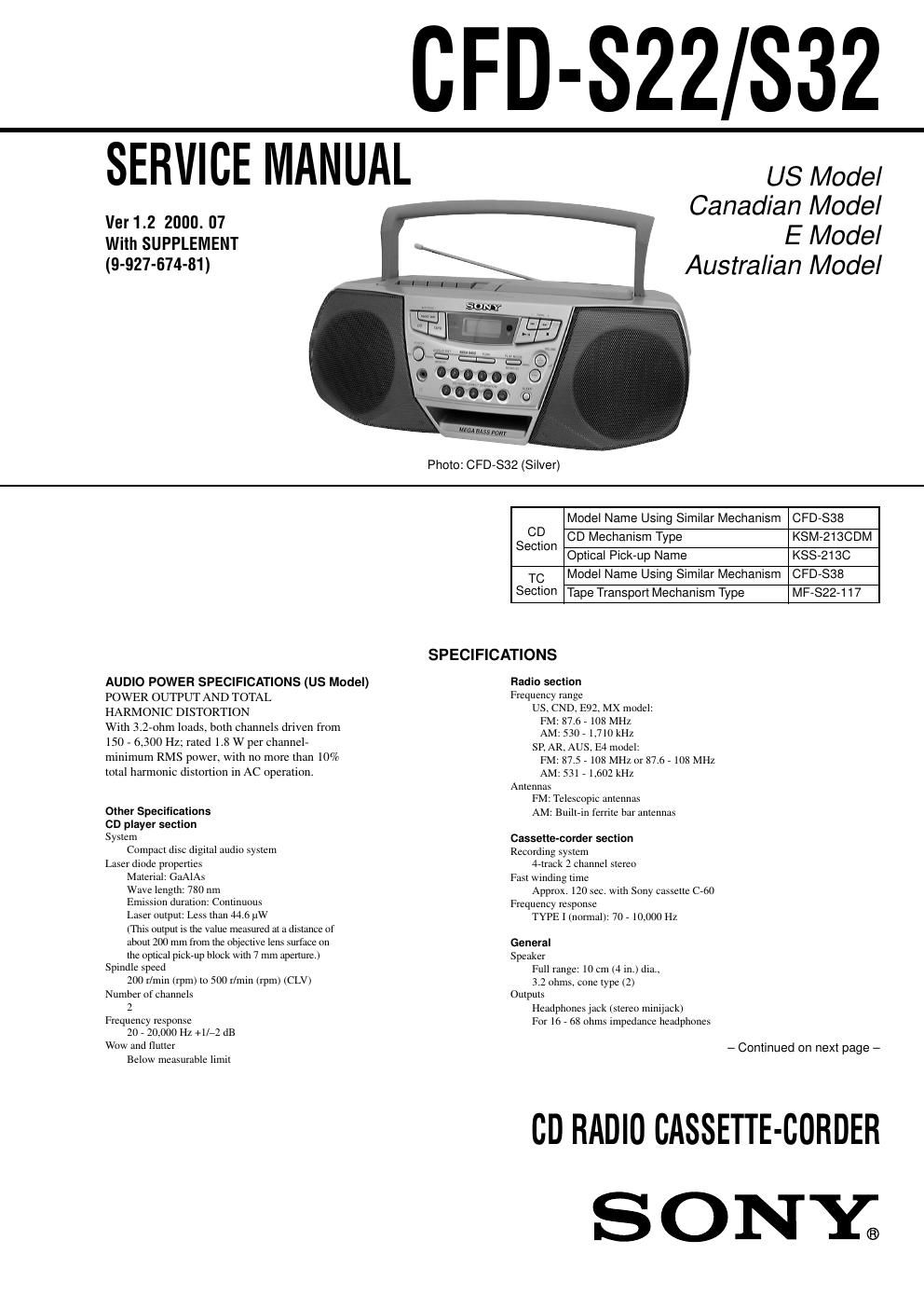 sony cfd s 22 service manual