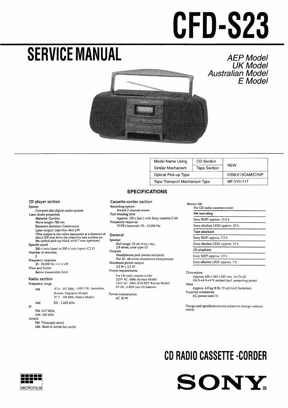 sony cfd s 23 service manual