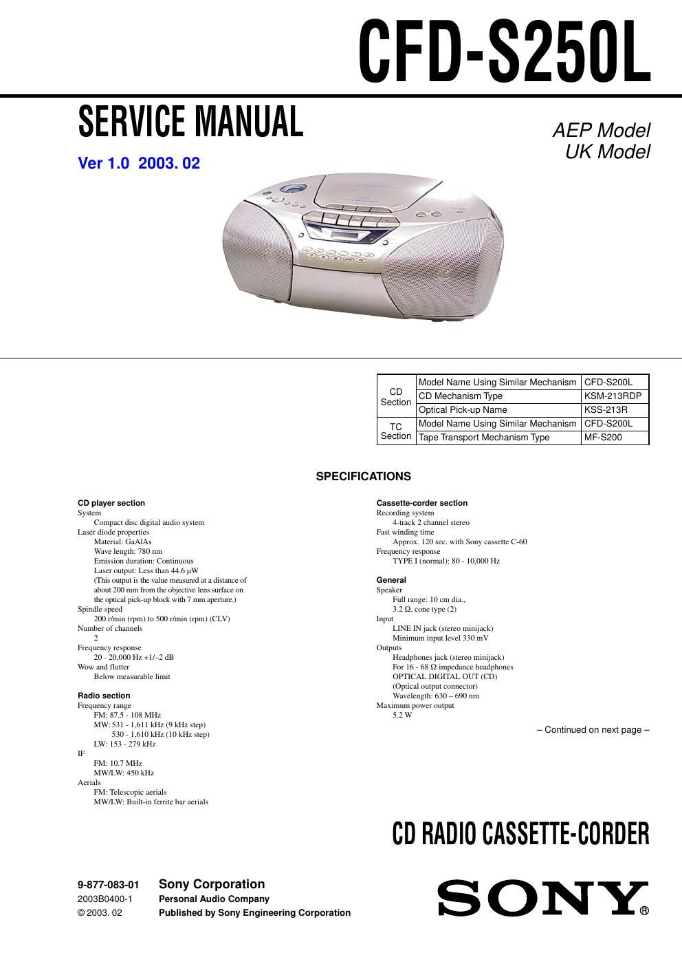 sony cfd s 250 l service manual