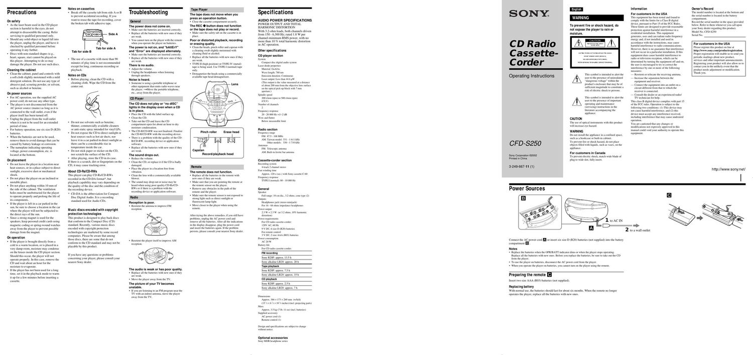 sony cfd s 250 owners manual