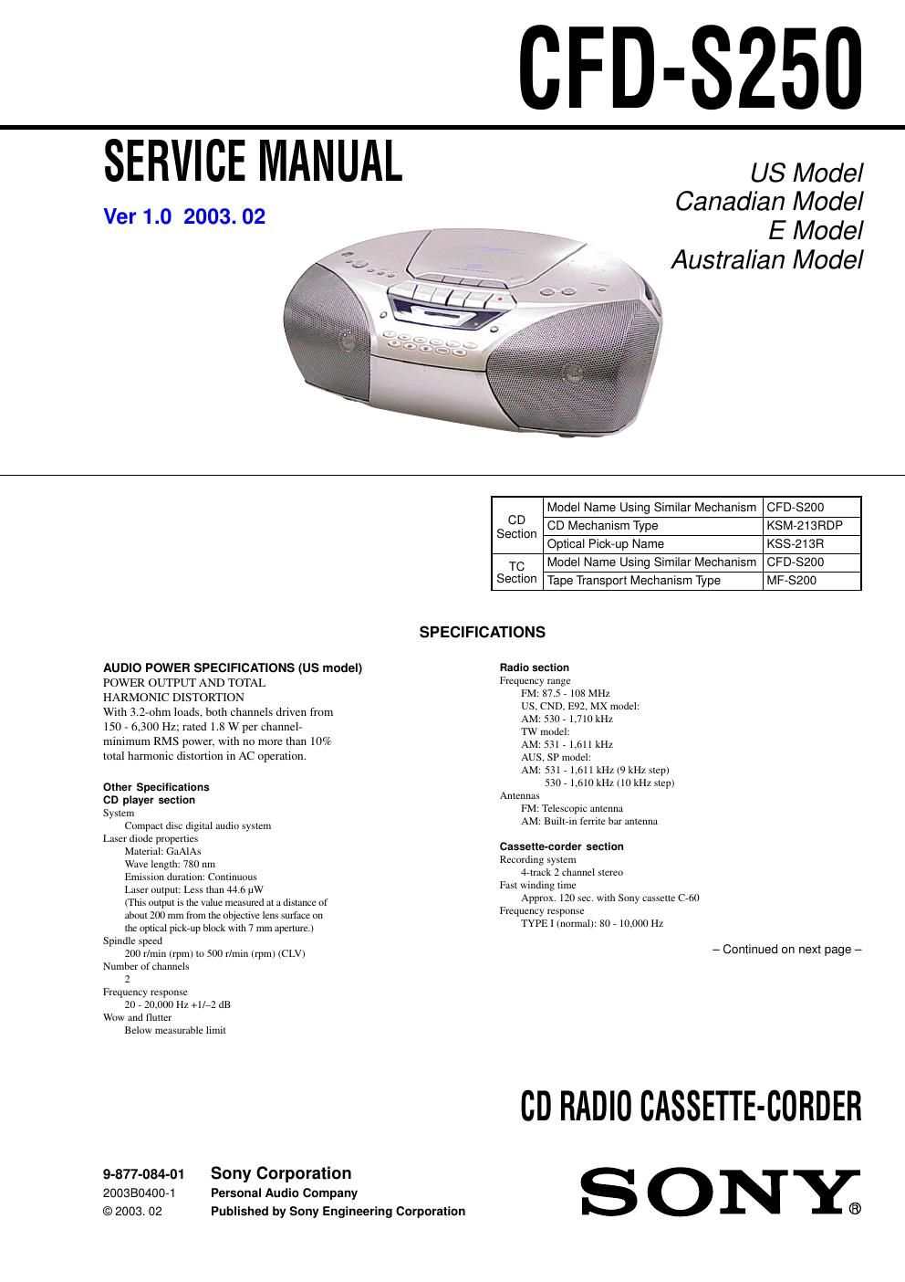 sony cfd s 250 service manual