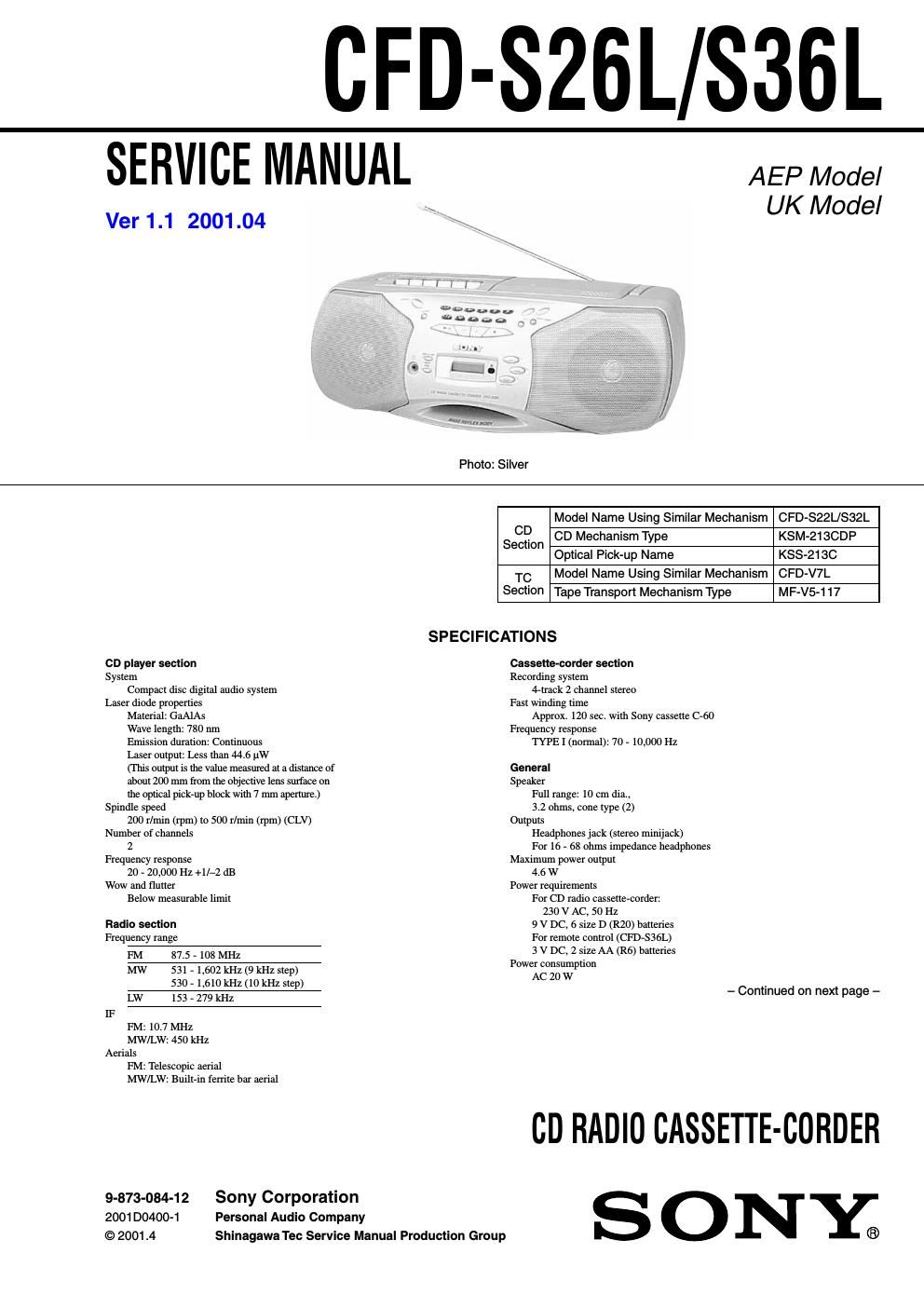 sony cfd s 26 l service manual