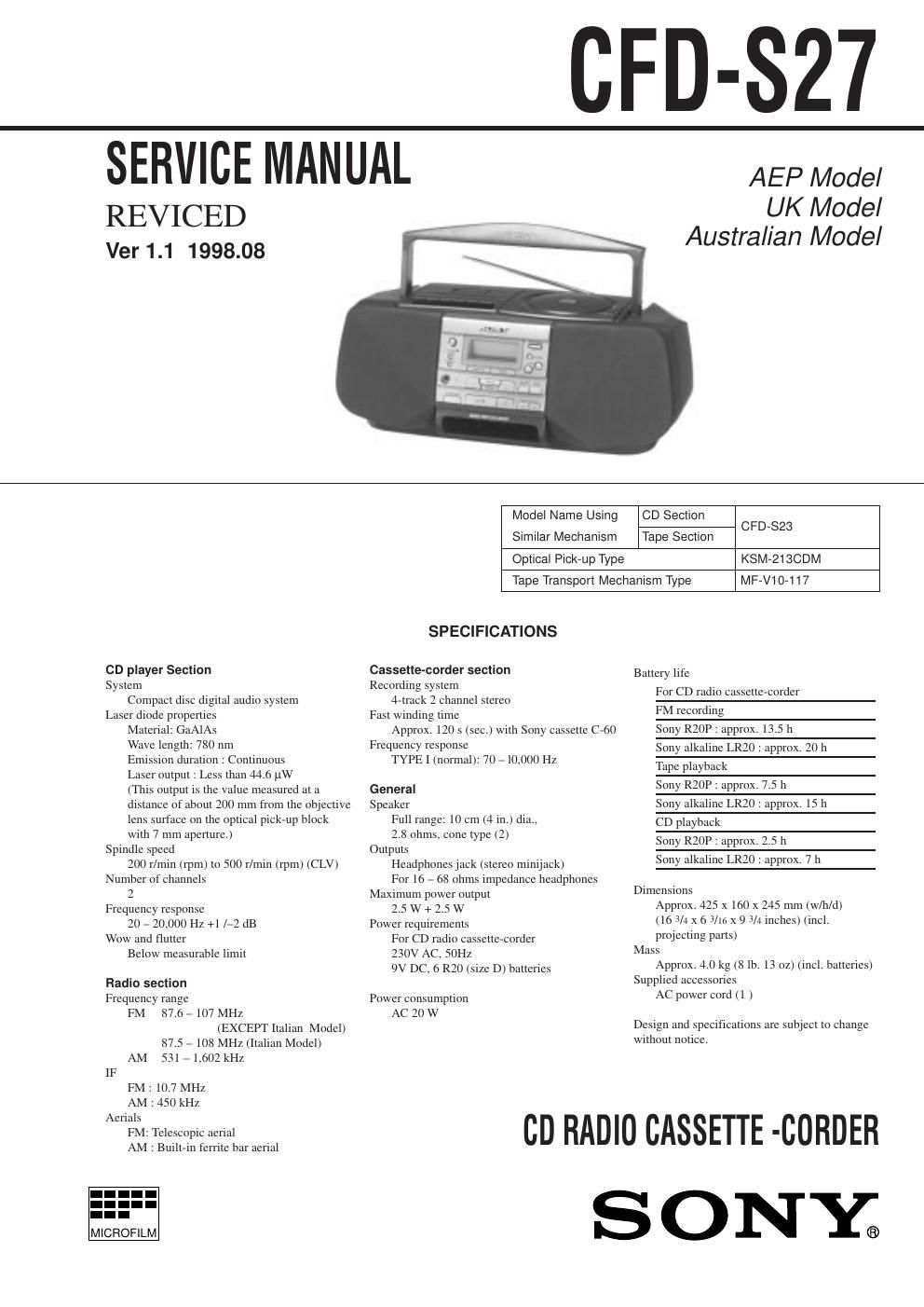 sony cfd s 27 service manual