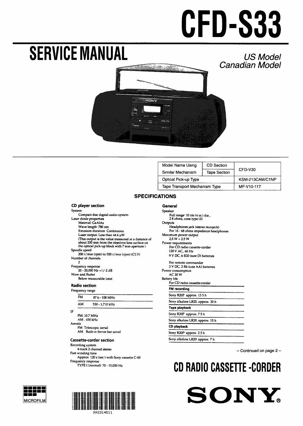 sony cfd s 33 service manual