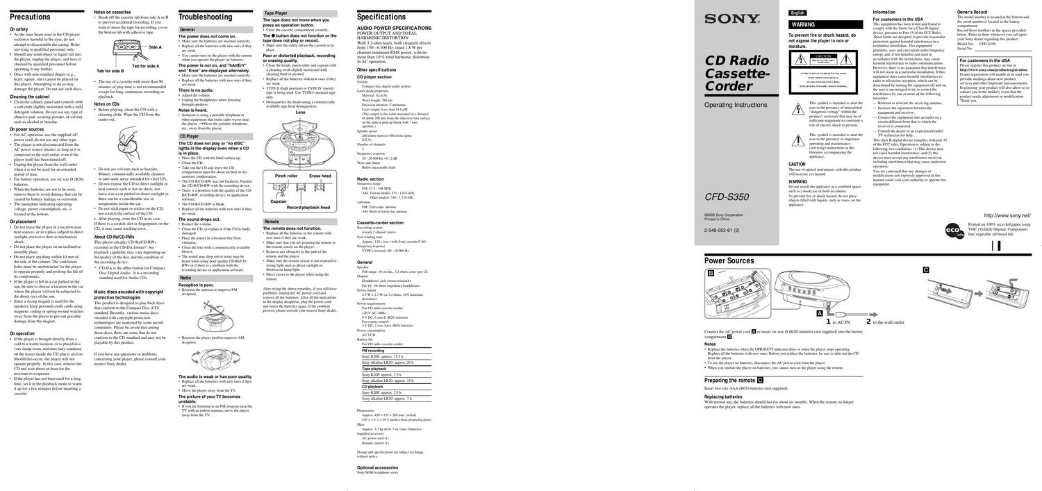 sony cfd s 350 owners manual