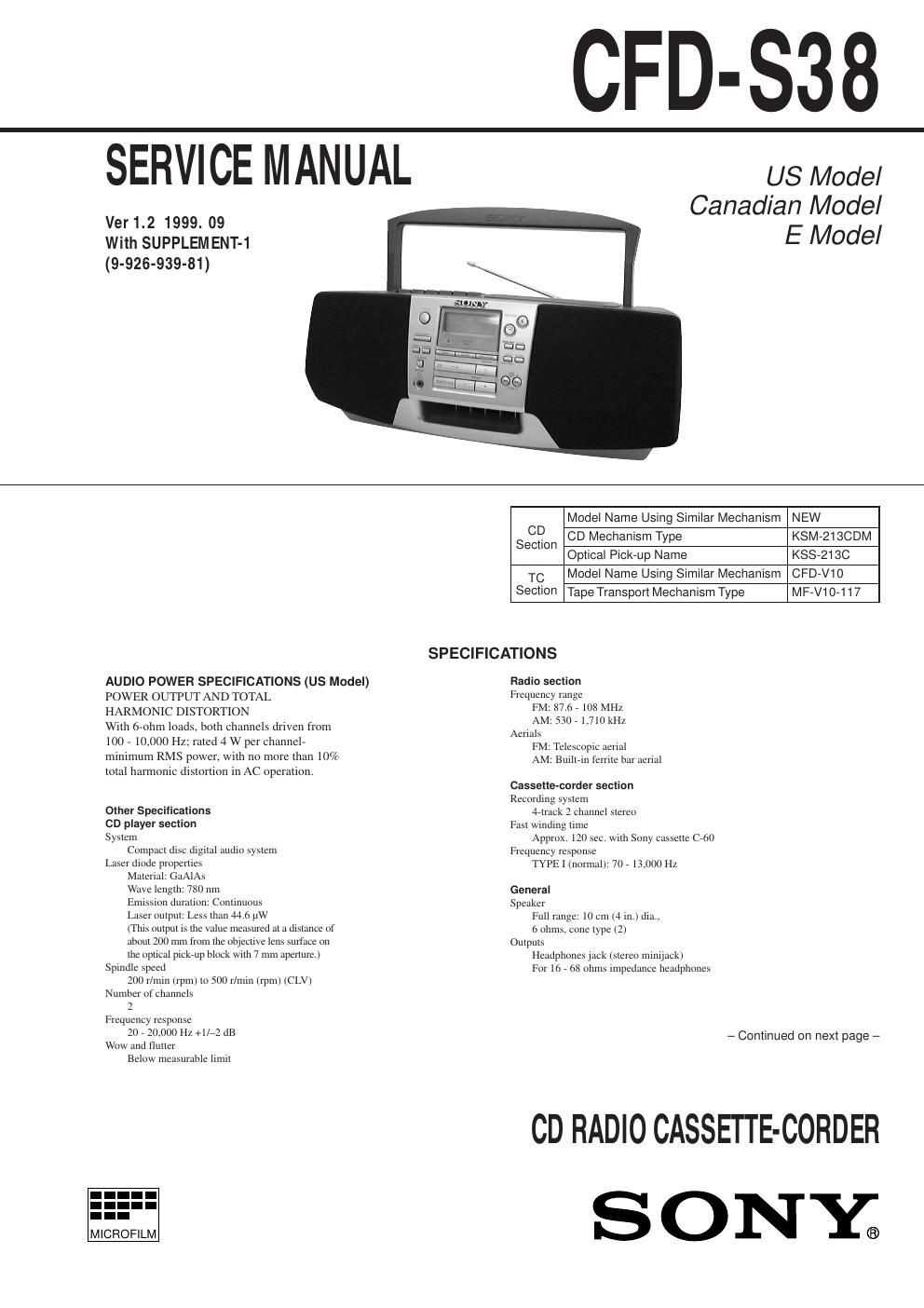 sony cfd s 38 service manual