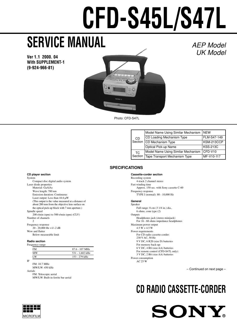 sony cfd s 45 l service manual