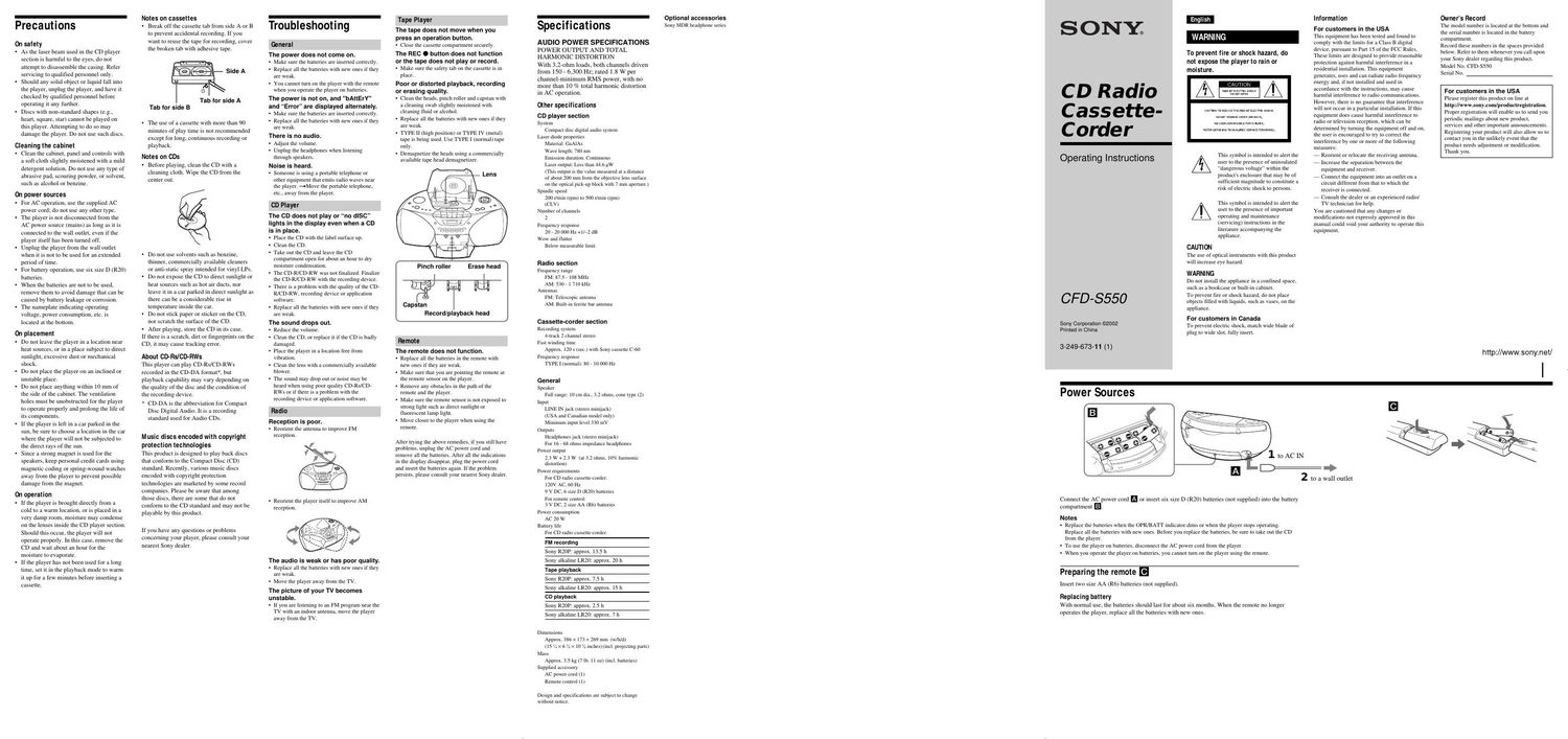 sony cfd s 550 owners manual