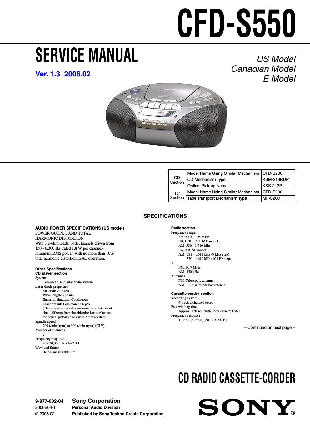 sony cfd s 550 service manual