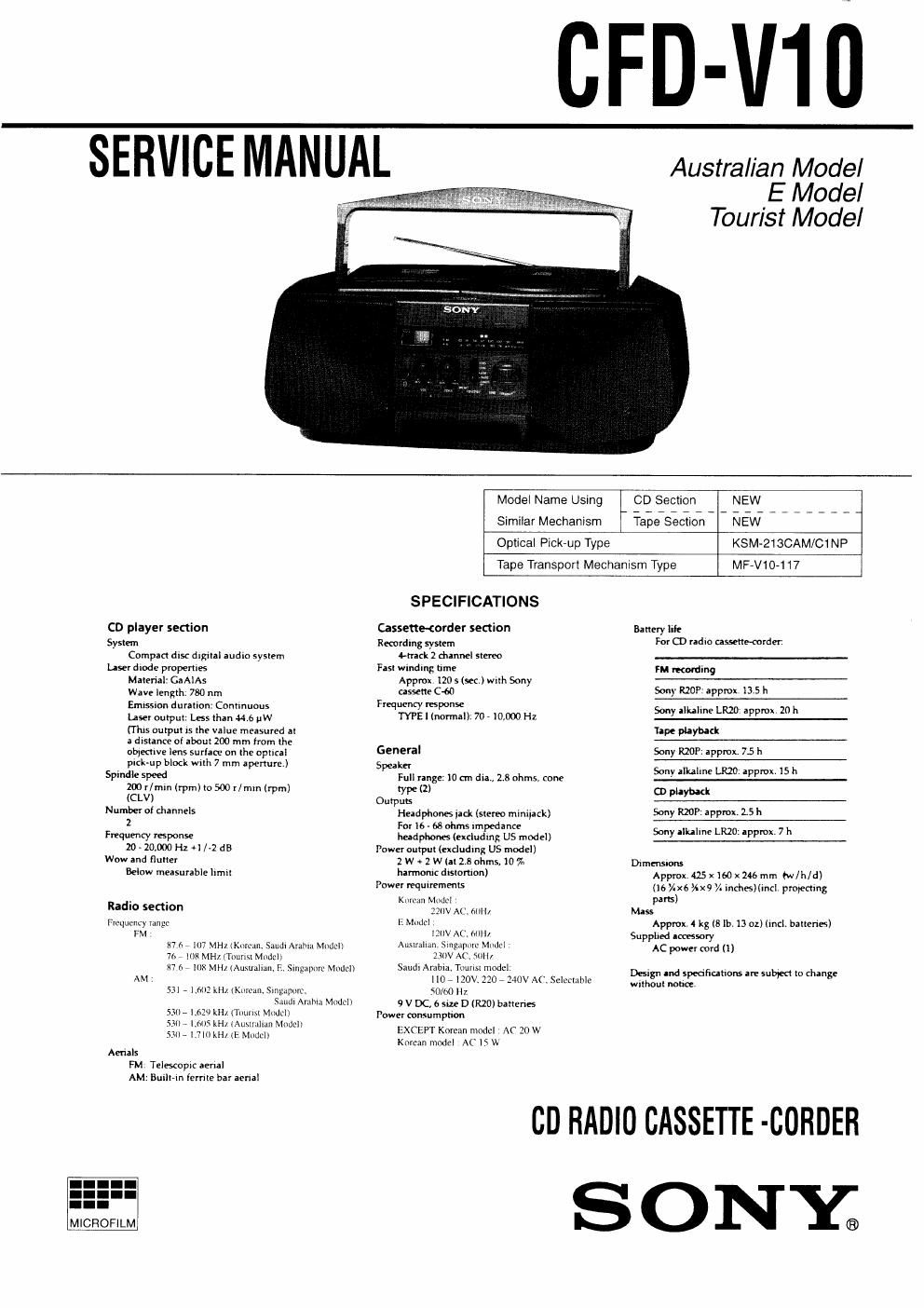 sony cfd v 10 service manual