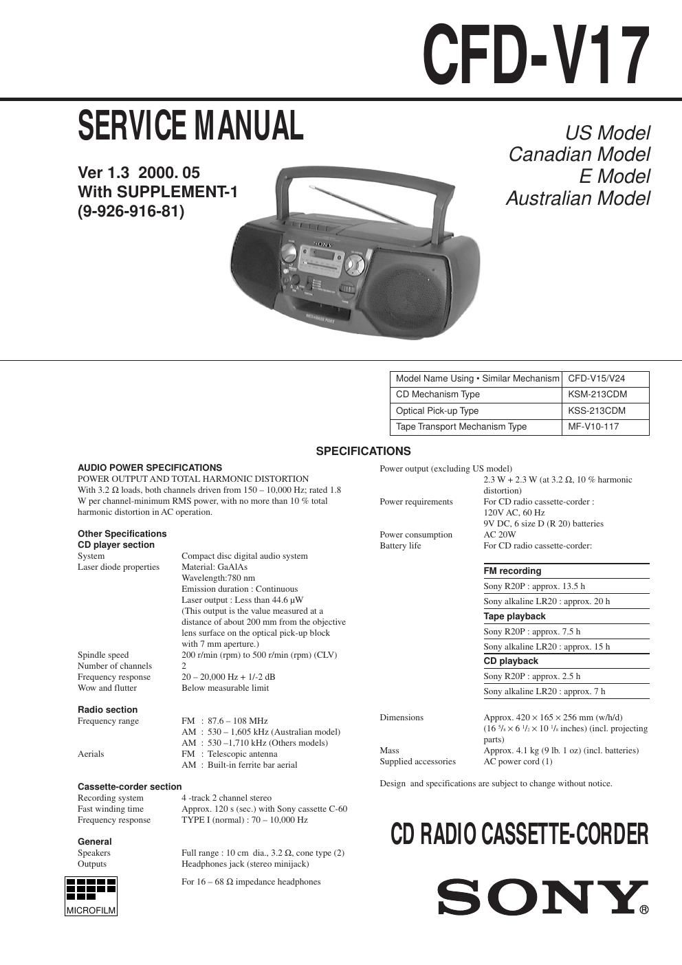 sony cfd v 17 service manual