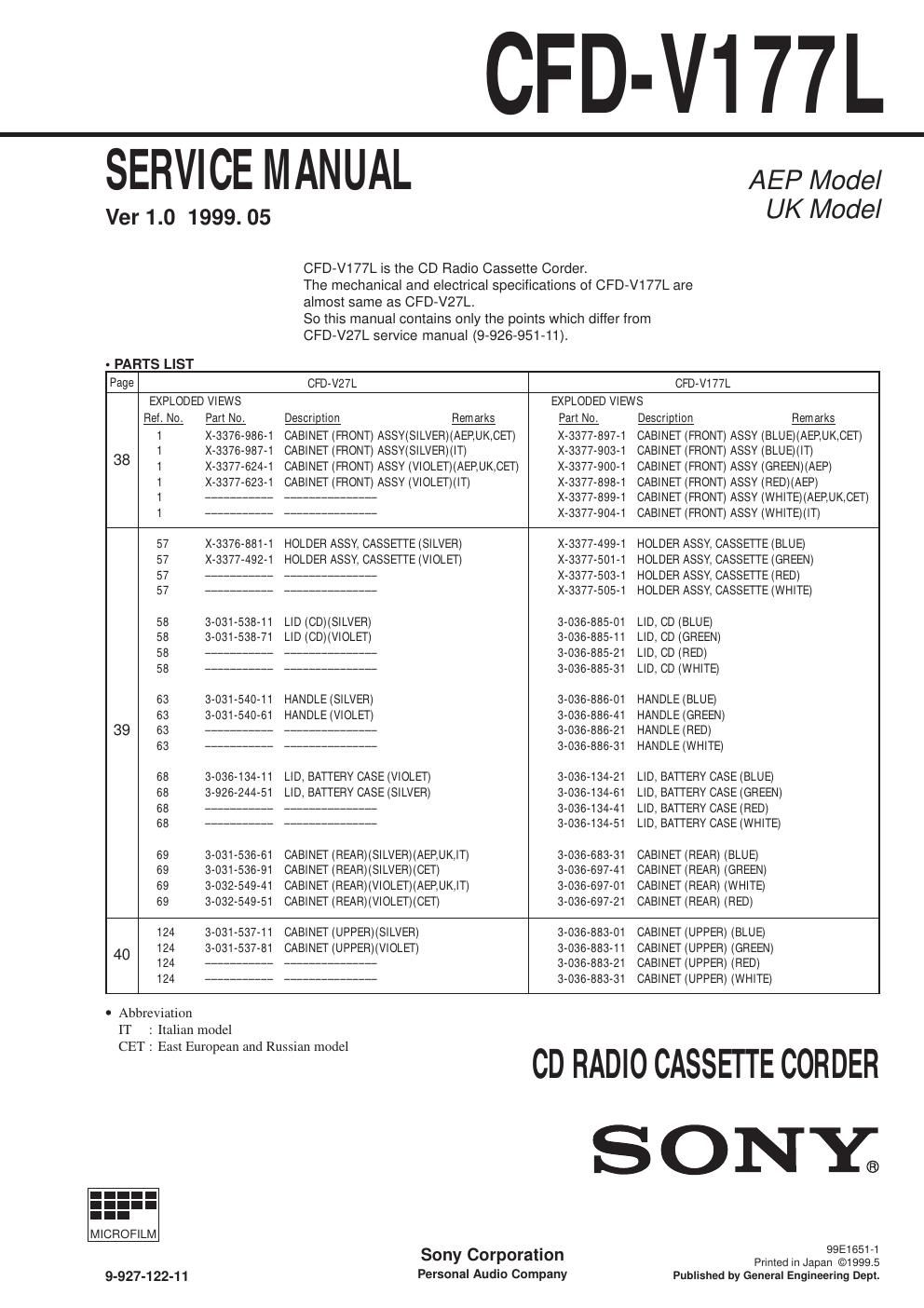 sony cfd v 177 l service manual