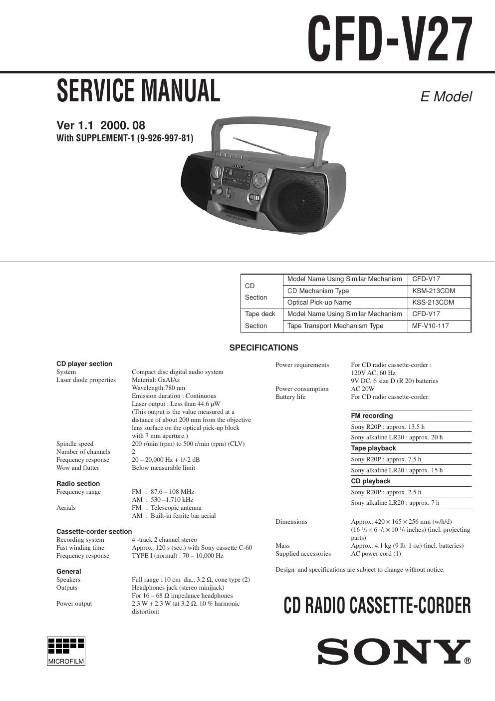 sony cfd v 27 service manual