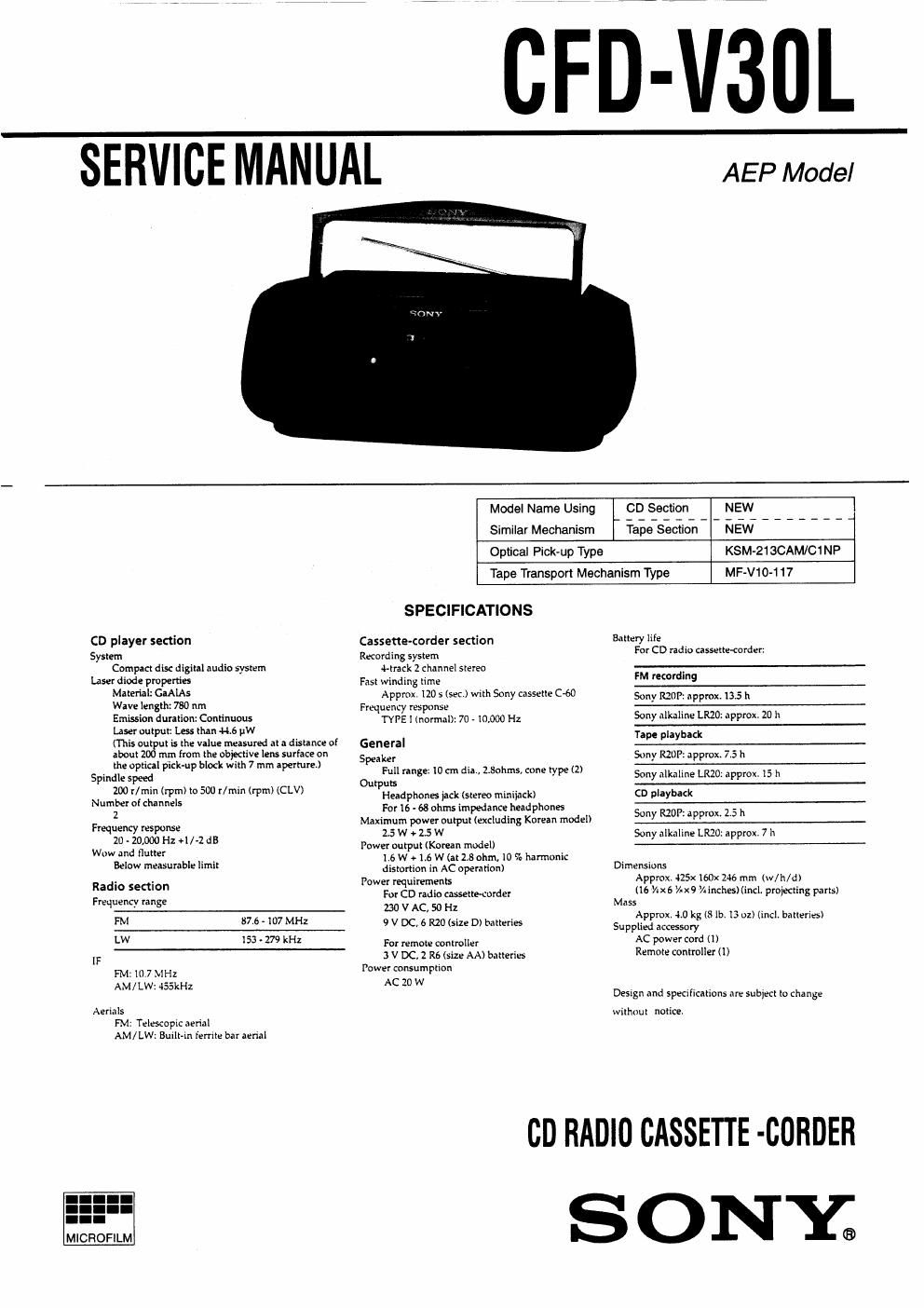 sony cfd v 30 l service manual