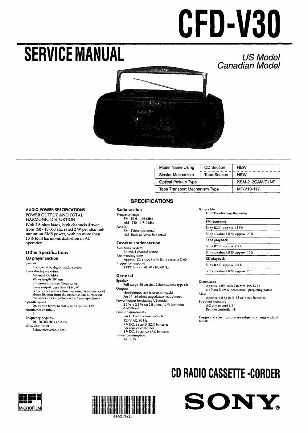 sony cfd v 30 service manual