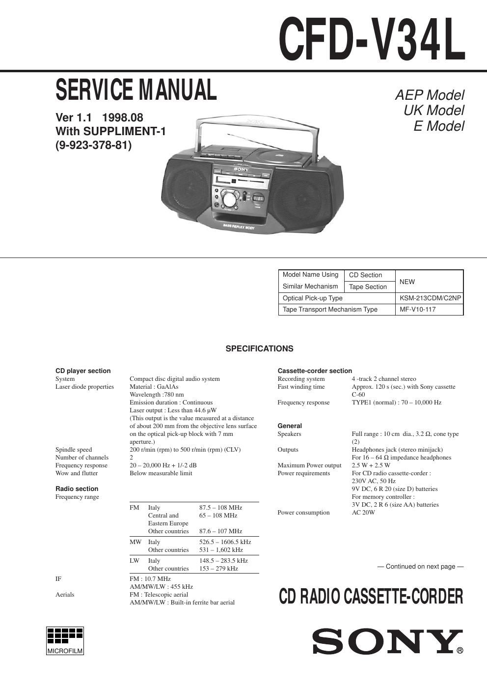 sony cfd v 34 l service manual