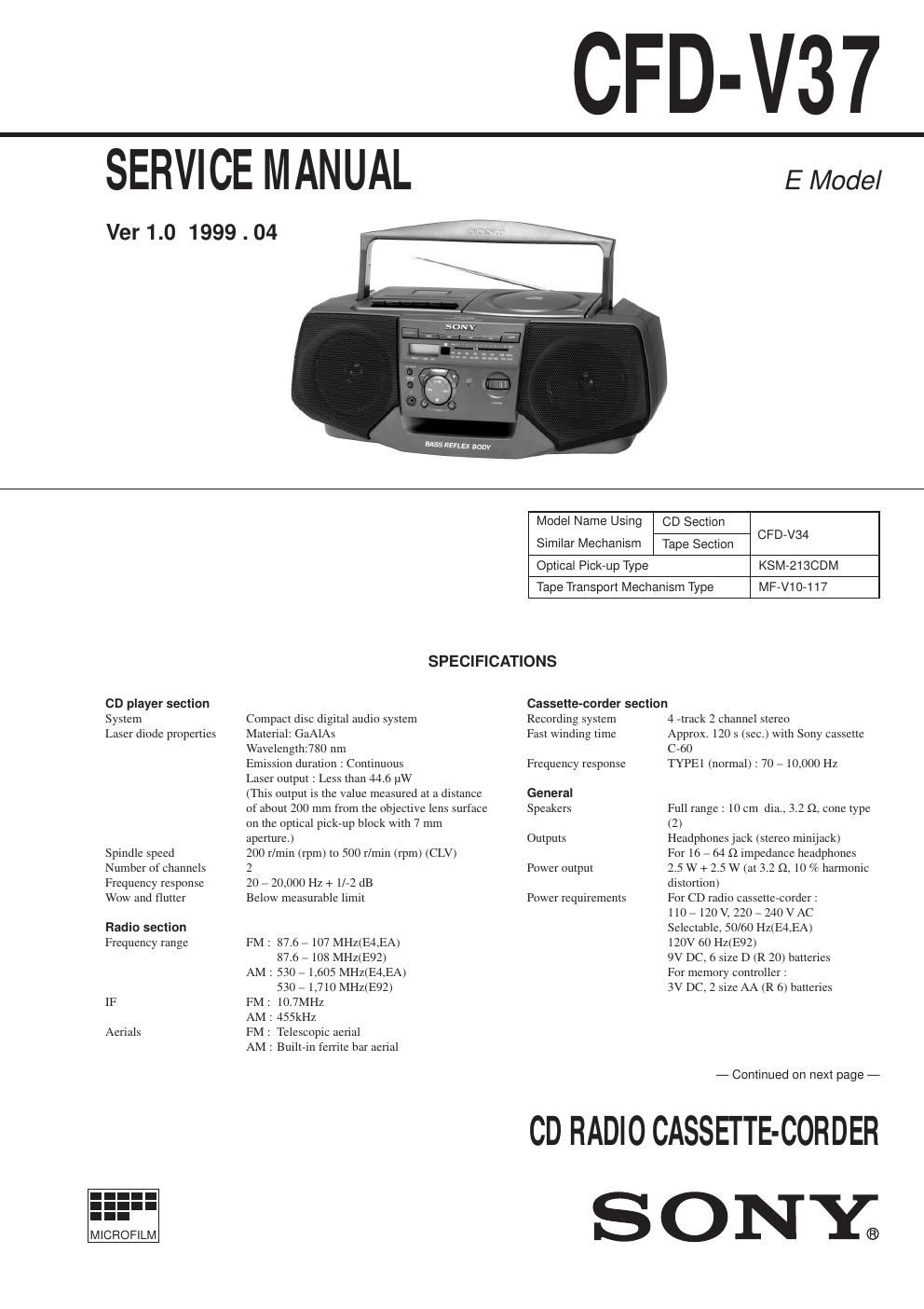 sony cfd v 37 service manual