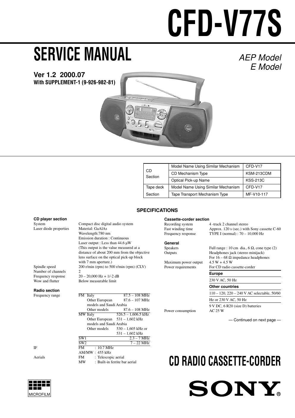 sony cfd v 77 s service manual