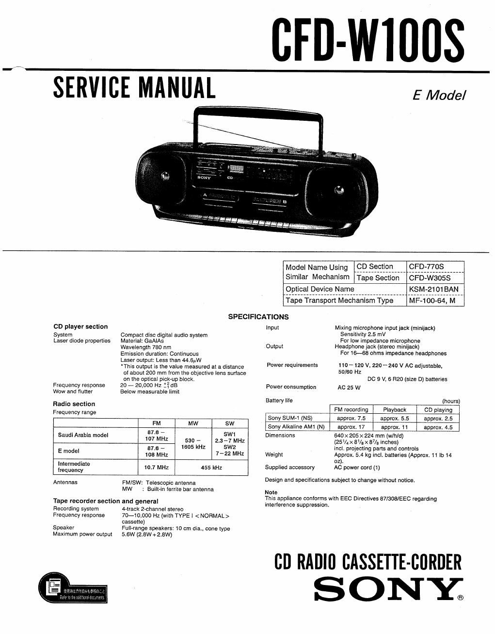 sony cfd w 100 s service manual