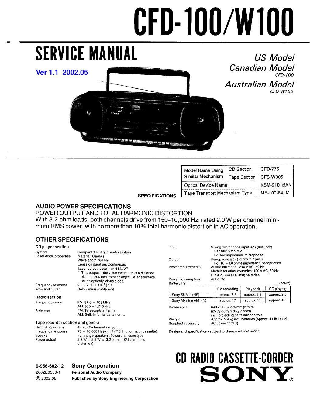 sony cfd w 100 service manual