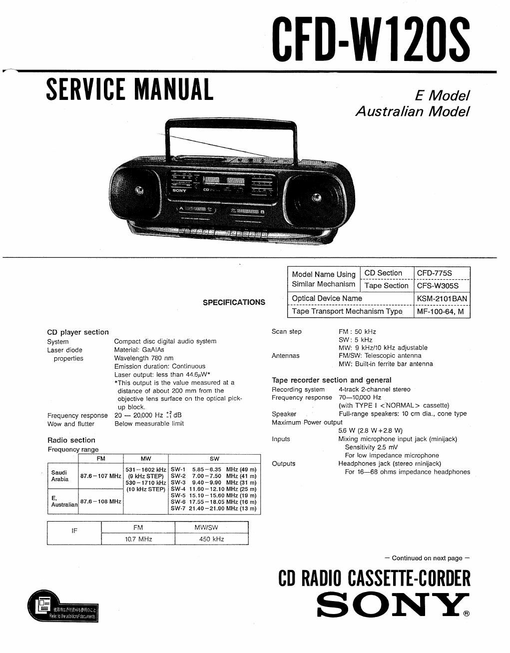 sony cfd w 120 s service manual