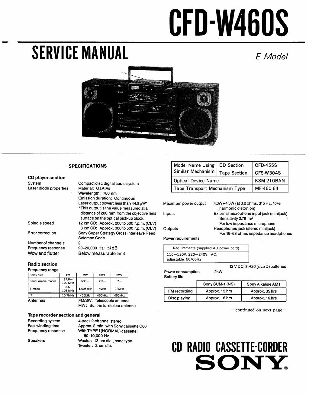 sony cfd w 460 s service manual