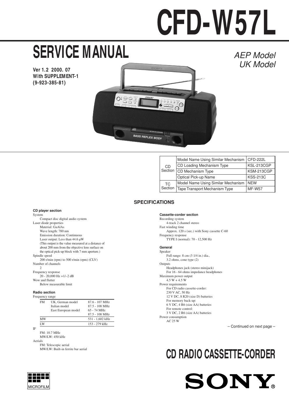 sony cfd w 57 l service manual