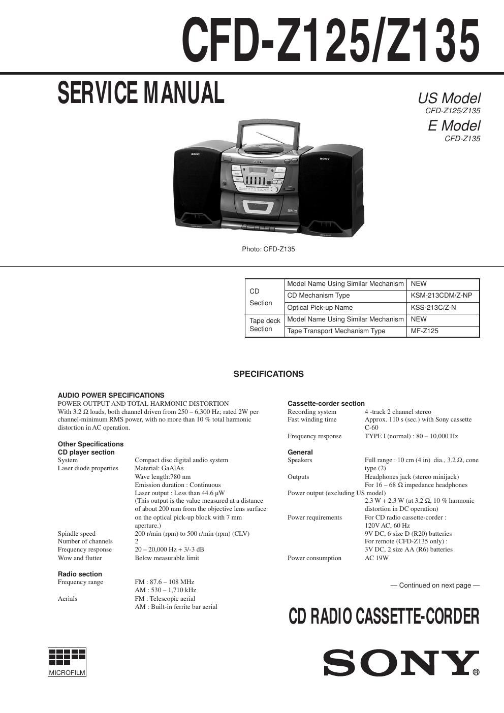 sony cfd z 125 service manual