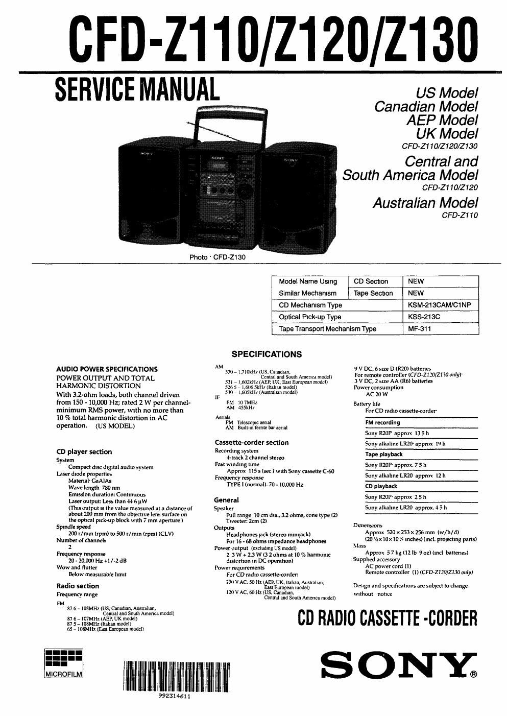 sony cfd z 130 service manual