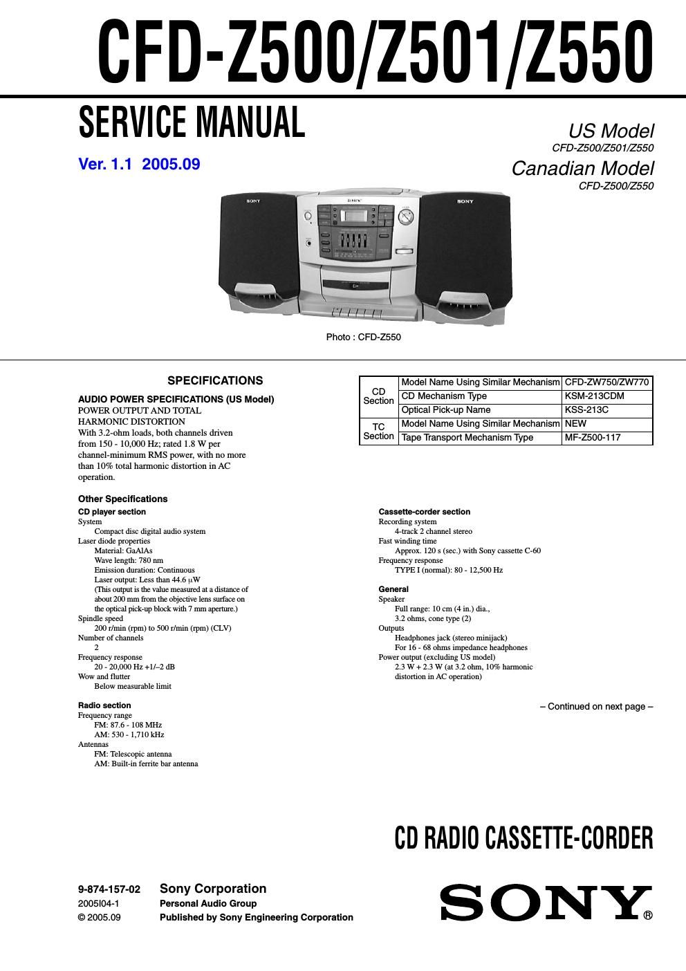 sony cfd z 500 service manual