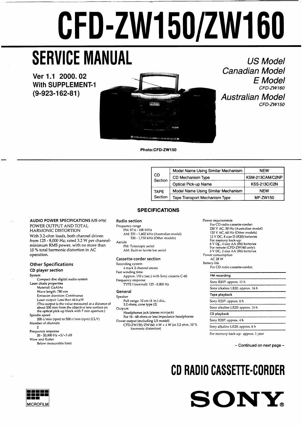 sony cfd zw 150 service manual