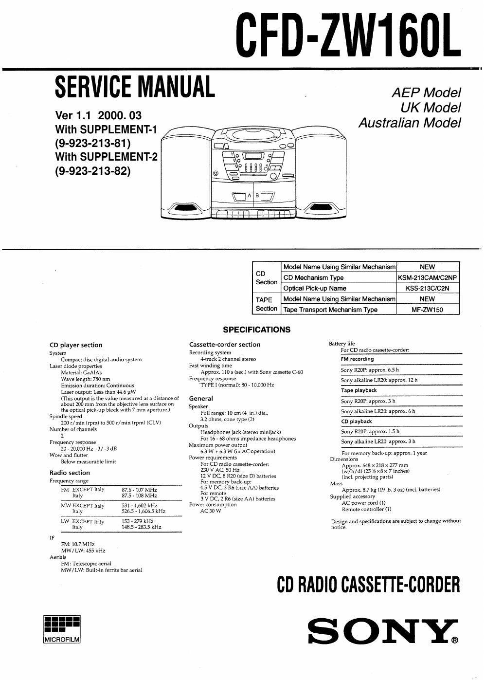 sony cfd zw 160 l service manual