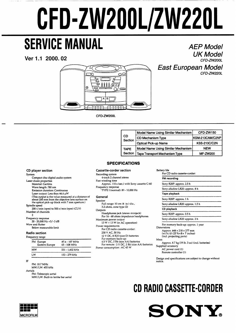 sony cfd zw 200 l service manual