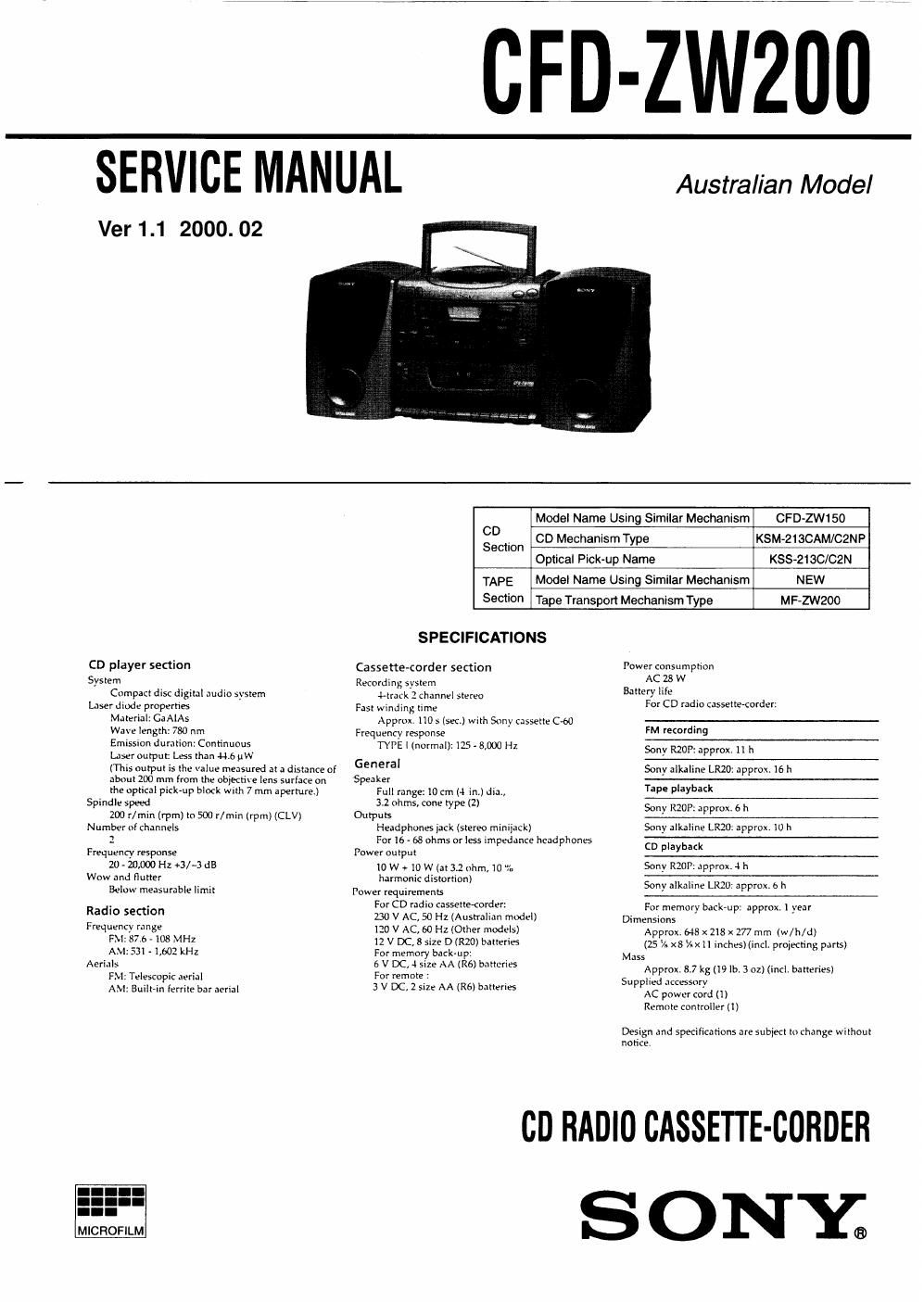 sony cfd zw 200 service manual