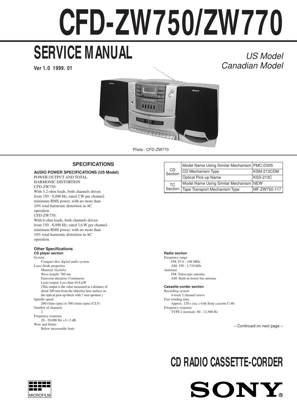 sony cfd zw 750 service manual