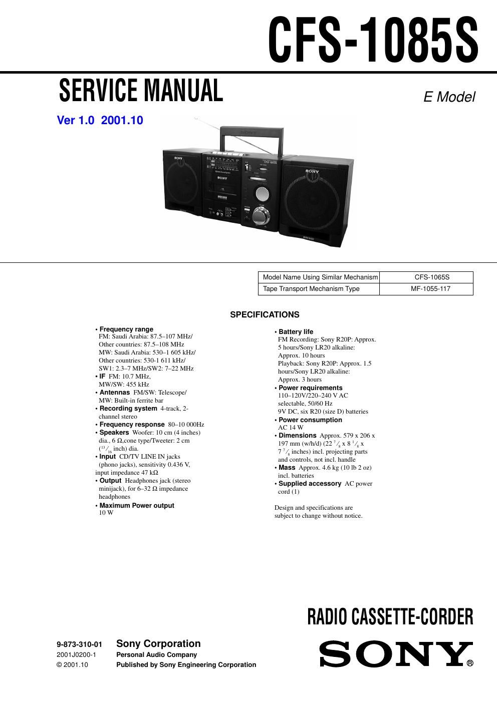 sony cfs 1085 s service manual