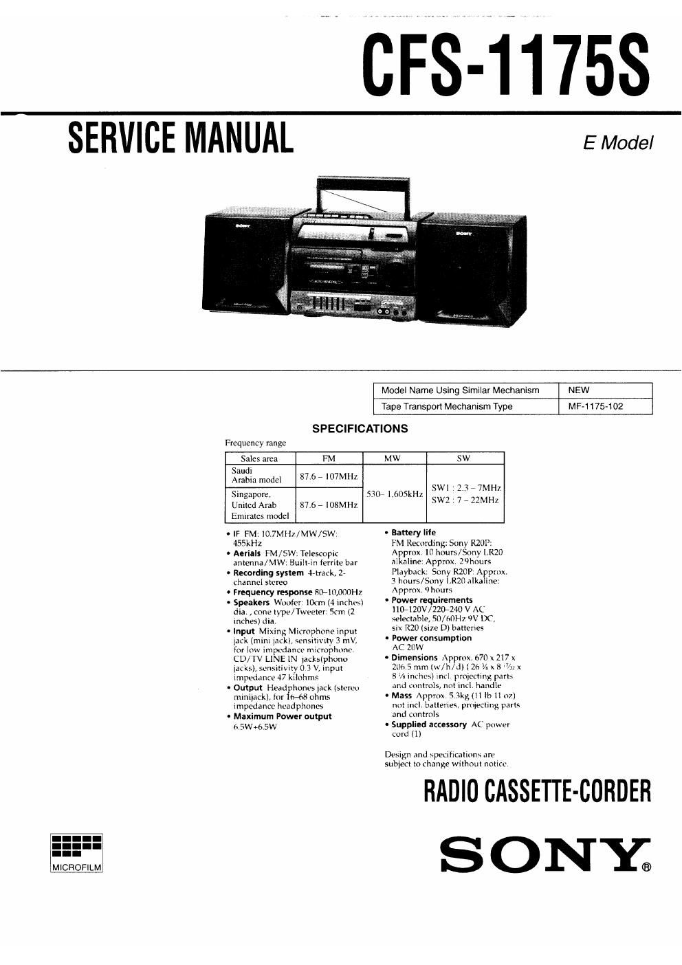 sony cfs 1175 s service manual