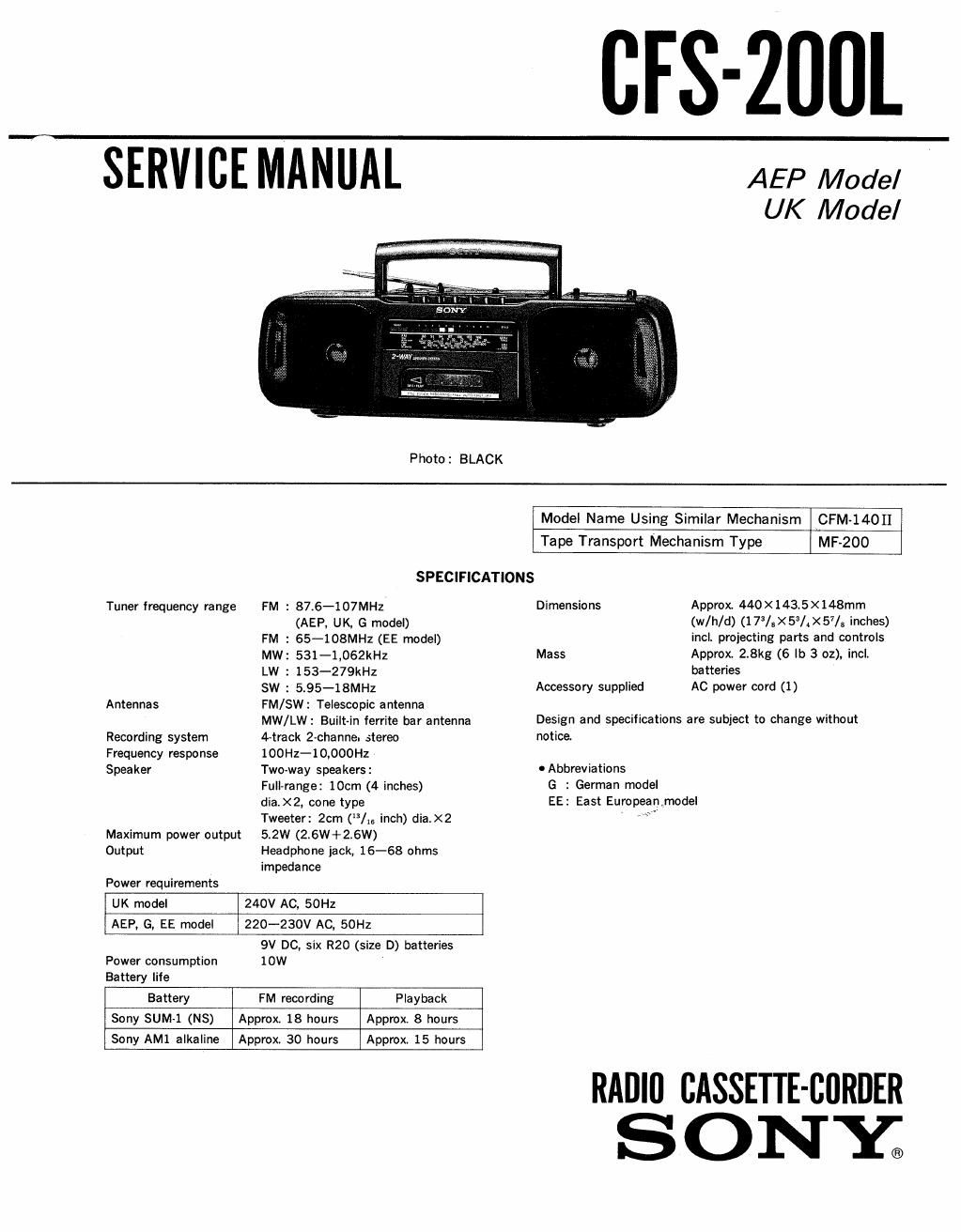 sony cfs 200 l service manual