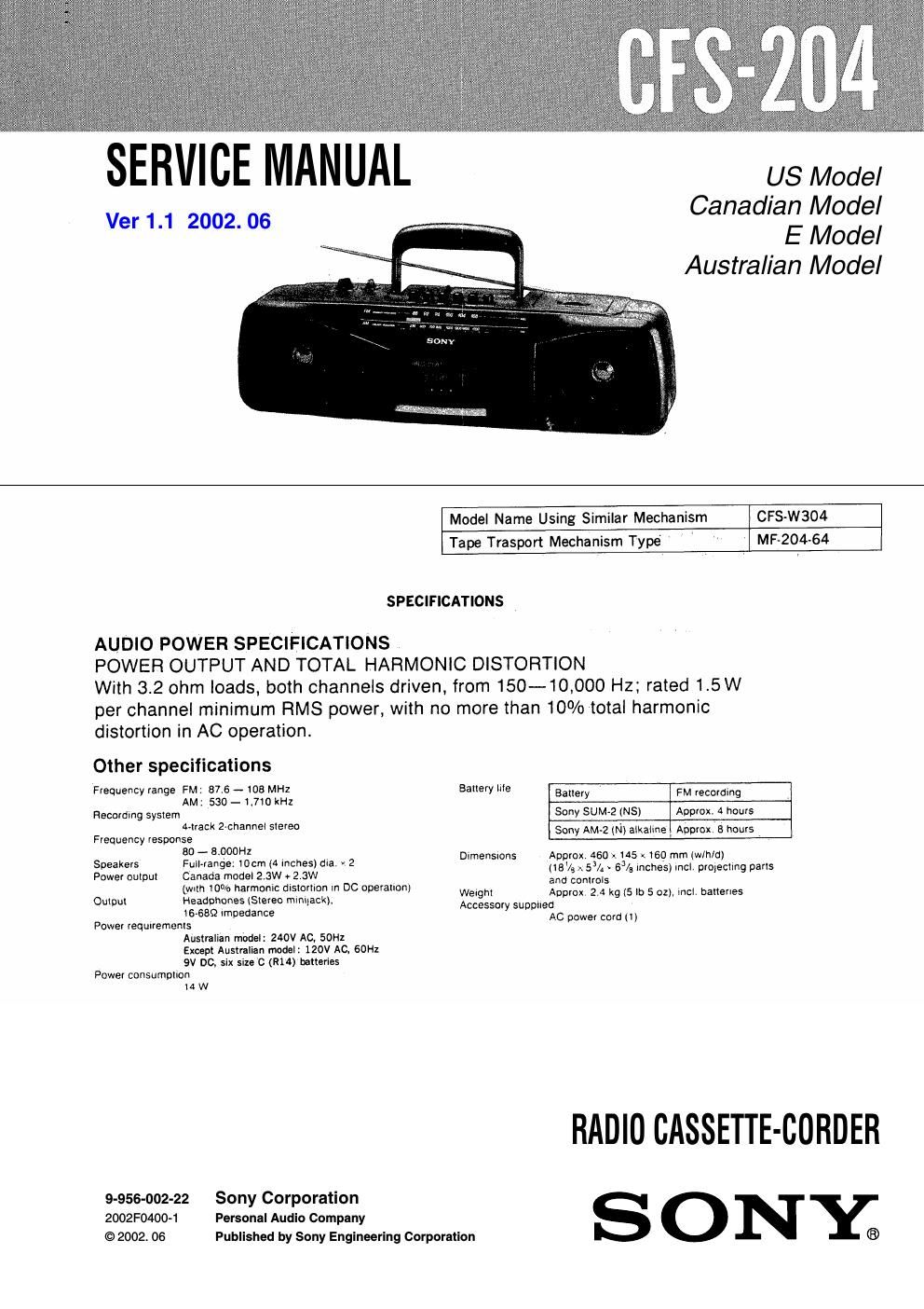 sony cfs 204 service manual