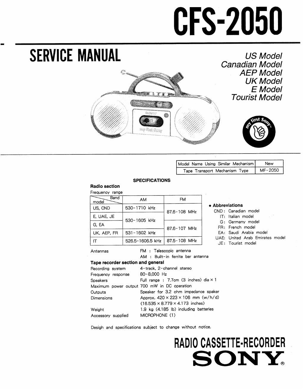 sony cfs 2050 service manual