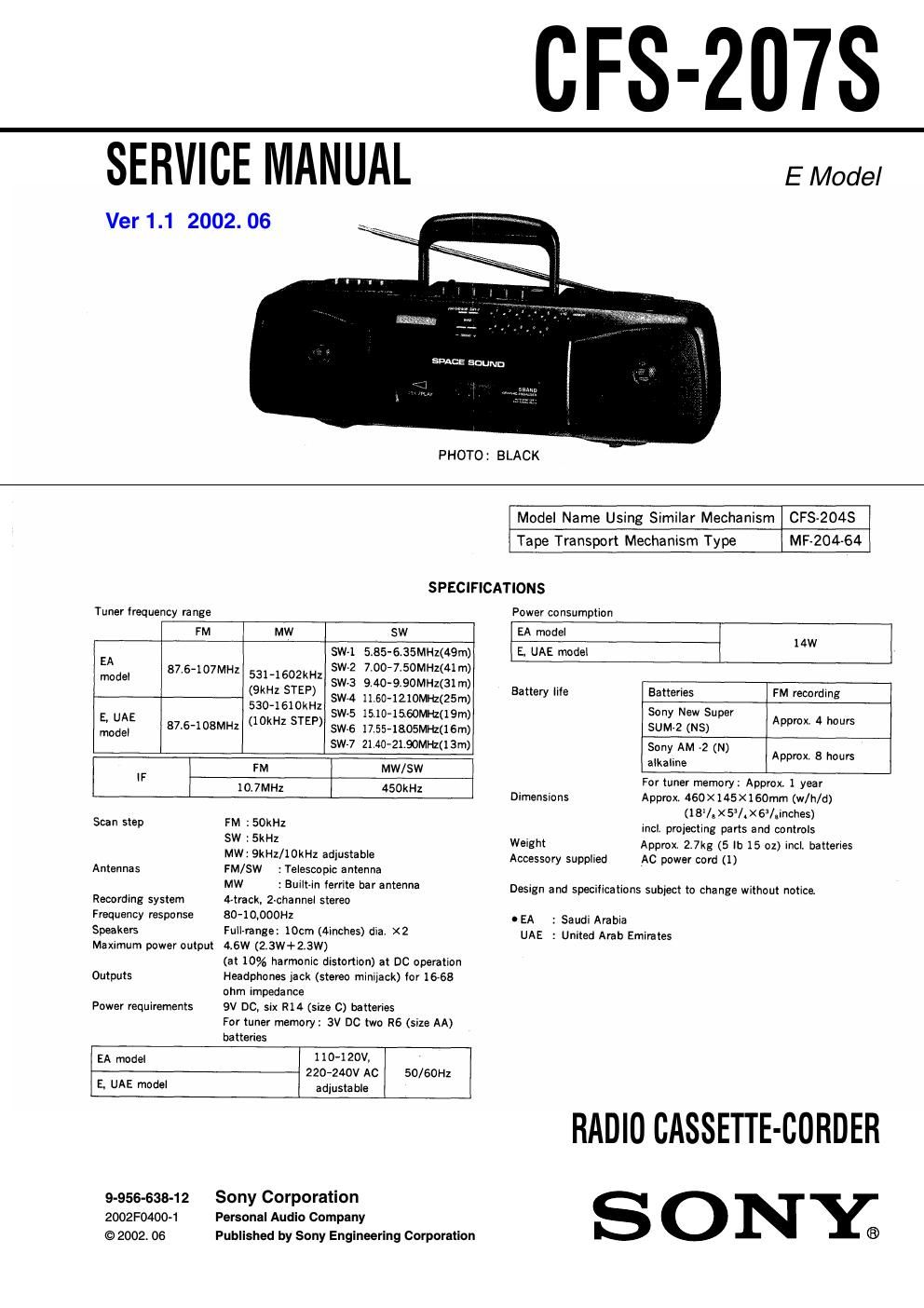 sony cfs 207 s service manual