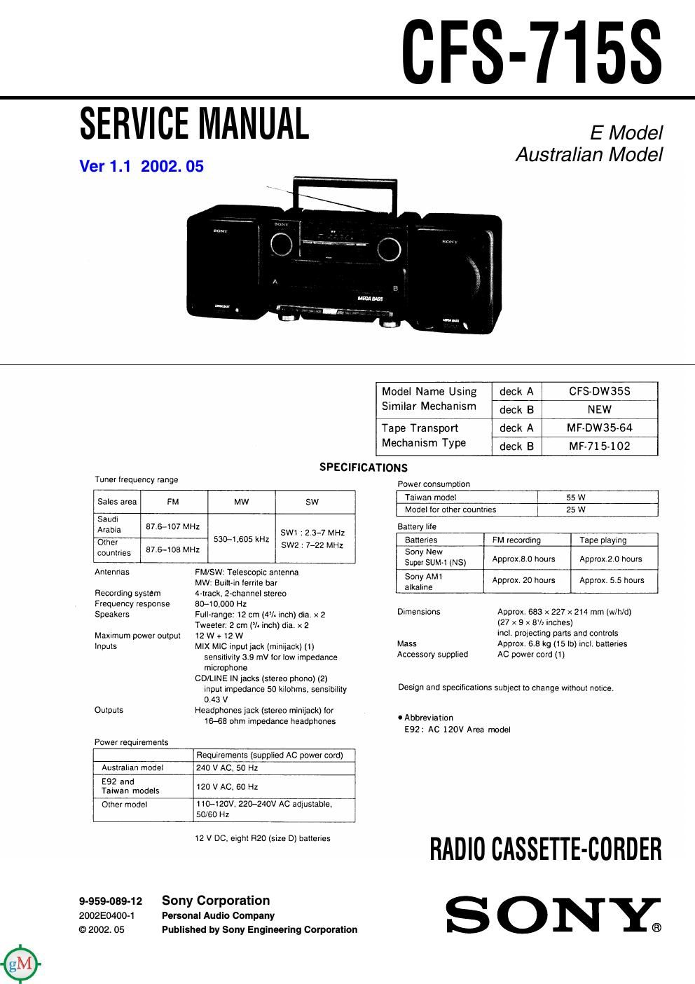 sony cfs 715 s service manual