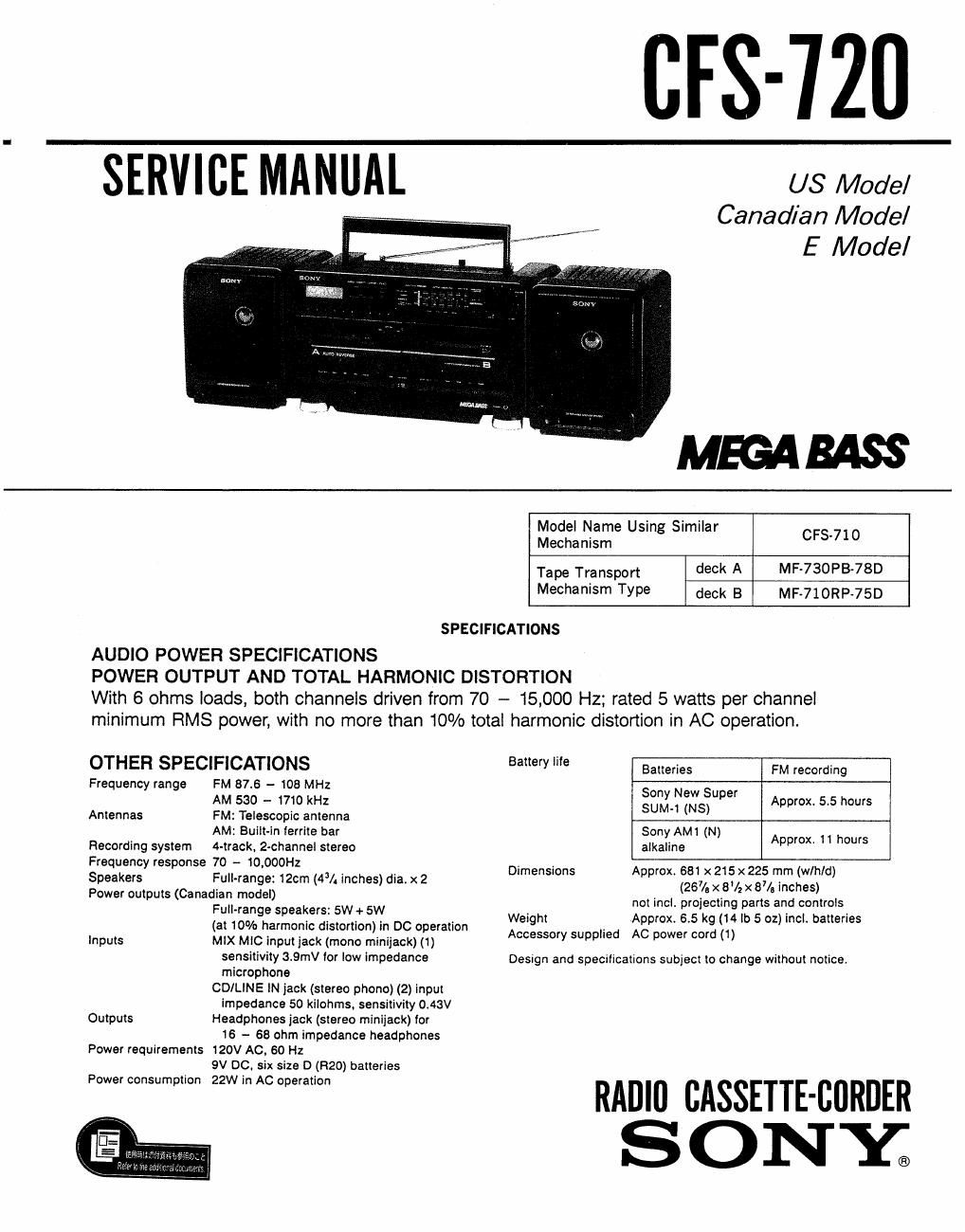 sony cfs 720 service manual