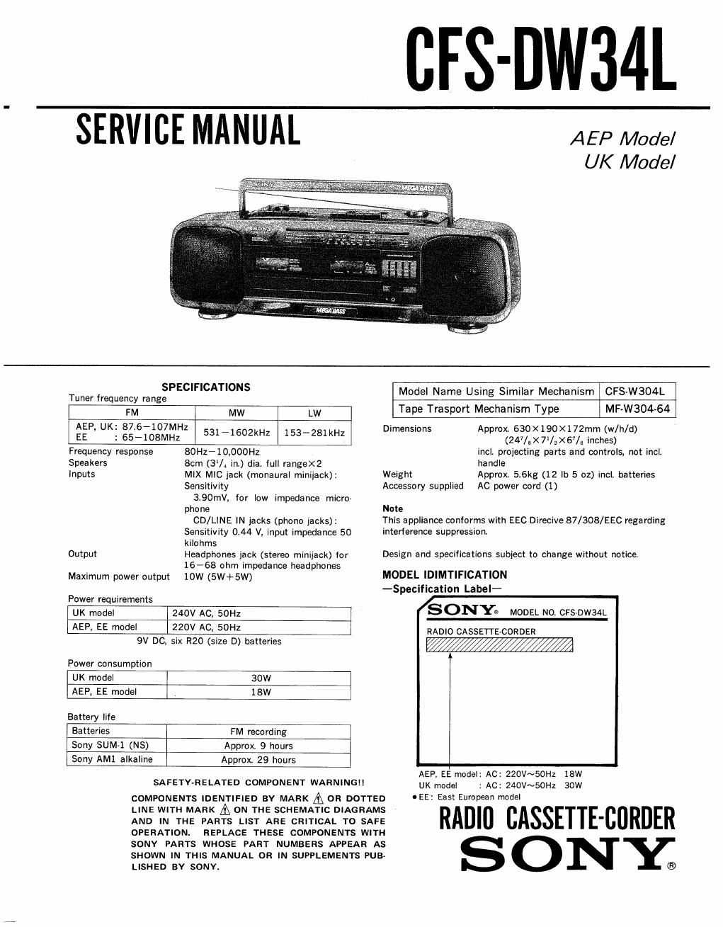 sony cfs dw 34 l service manual